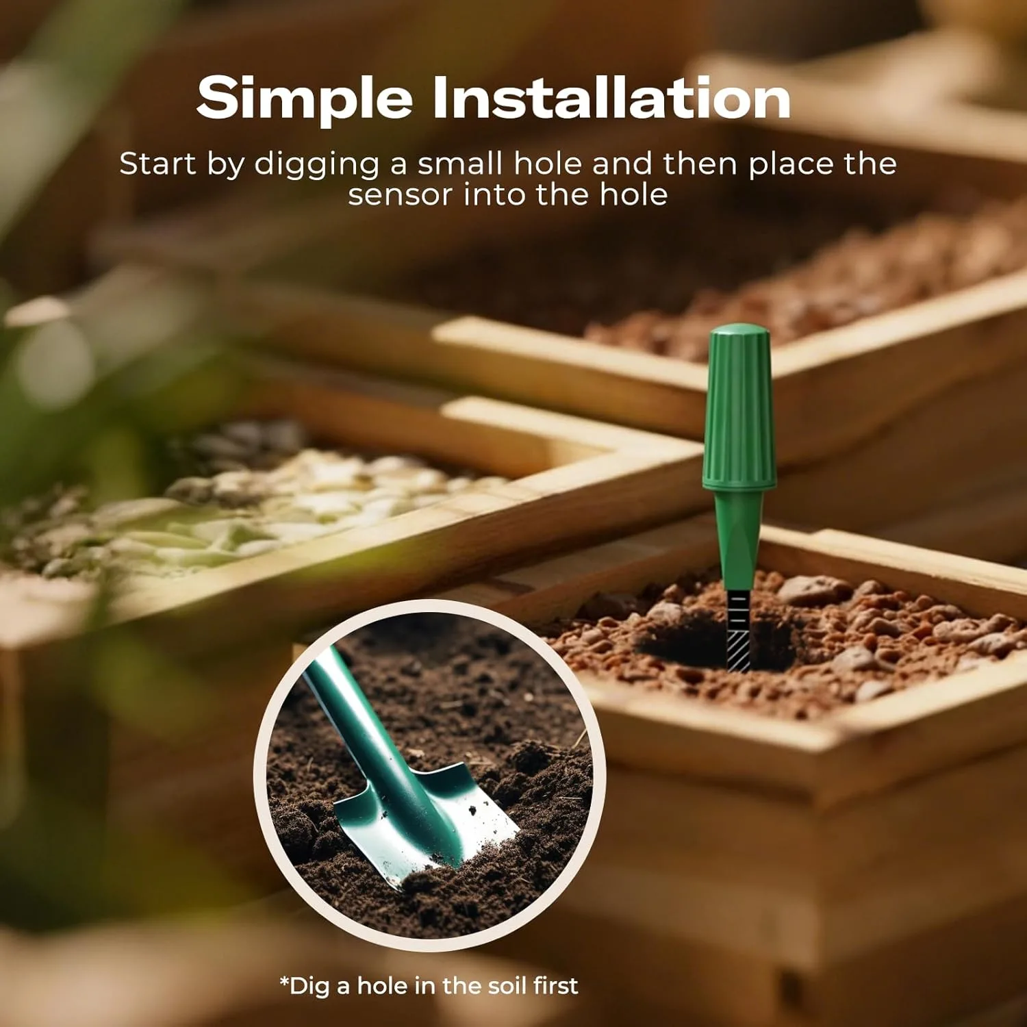 Third Reality bodemvochtsensor geplaatst in een moestuinbak