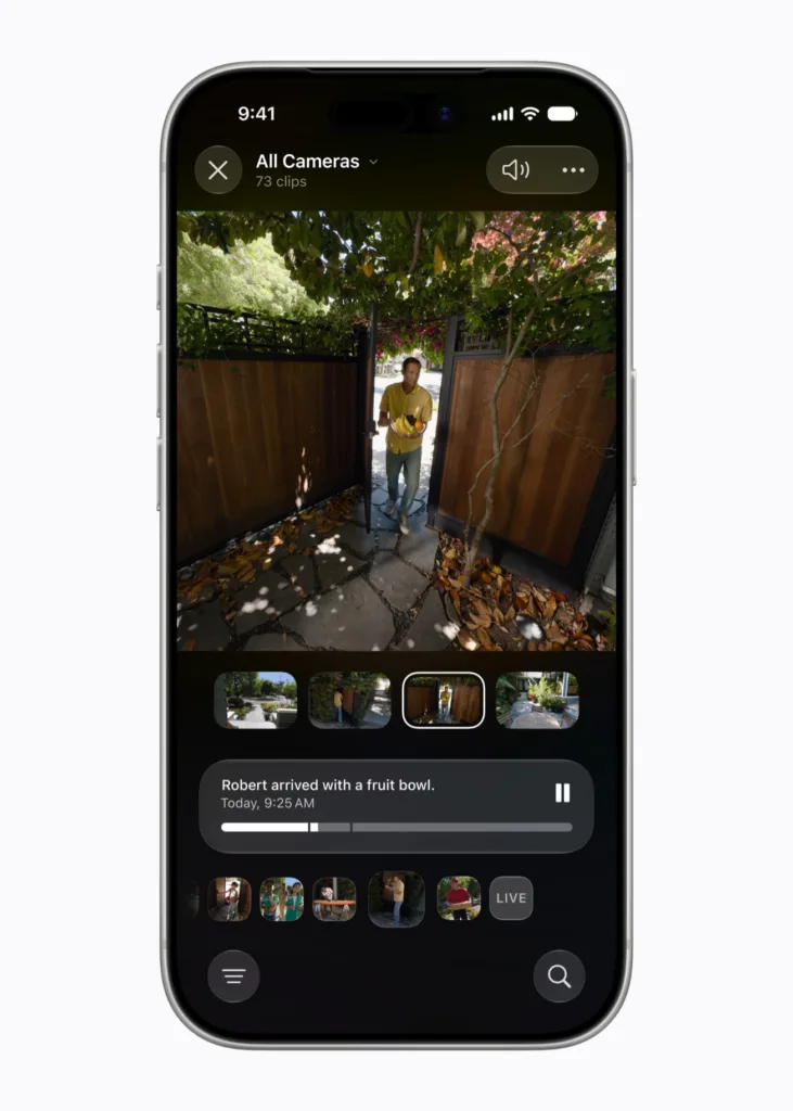 Home-app in iOS 27 toont een door AI gegenereerde beschrijving bij een camerabeeld op een iPhone