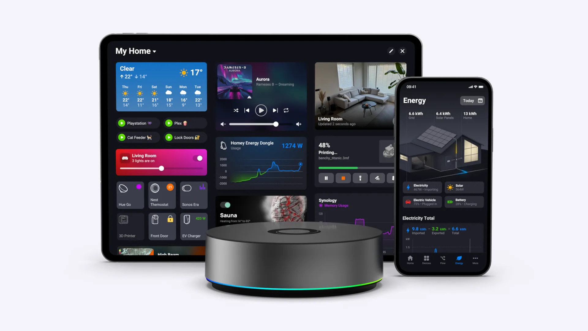 Homey Pro met de Homey-app op een tablet en smartphone